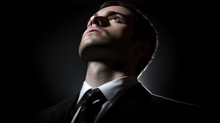 Portrait of a handsome young man in black suit on dark backgroundの素材