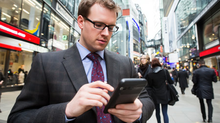Portrait of young businessman using mobile phone in London, UK.の素材