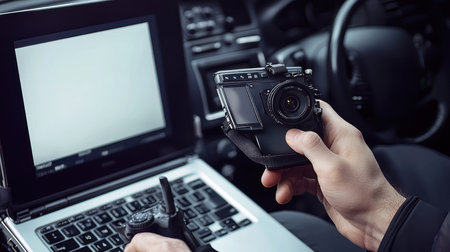 Photographer working with a camera and a laptop in the car.の素材