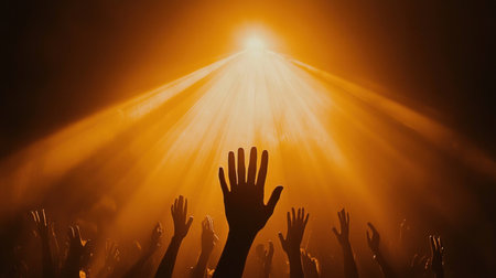 Silhouette of hands raised up in front of stage lights.の素材