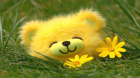 Yellow toy bear in the grass with yellow flowers in the background.の素材
