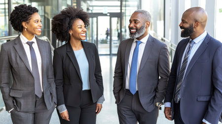 Group of happy african american businesspeople walking in office corridorの素材