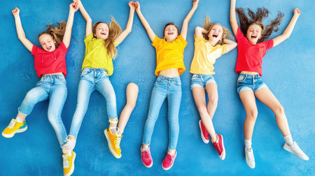 friendship, childhood, happiness and people concept - group of smiling teenage girls in bright clothes lying on floorの素材