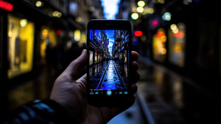 Man taking a picture of London street at night with his smartphone.の素材