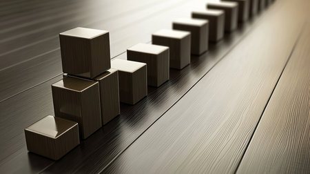 3d illustration of wooden cubes in a row on a wooden backgroundの素材