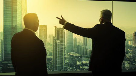Businessmen pointing at the window with cityscape in the background.の素材