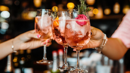 Close-up of female hands holding glasses with cocktail on bar counterの素材