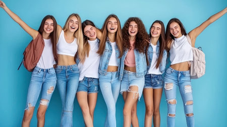 Group of happy young women in jeans and white t-shirts posing on blue backgroundの素材