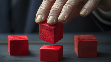 Close-up Of Businesswoman's Hand Building Red Domino Blocksの素材