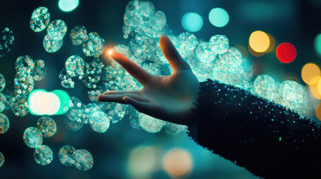Close up image of human hand and bokeh lights at backgroundの素材