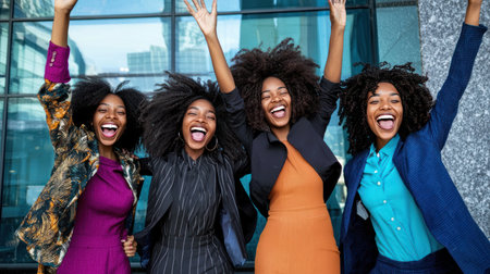 Group of happy african american businesswomen with arms raised celebrating successの素材
