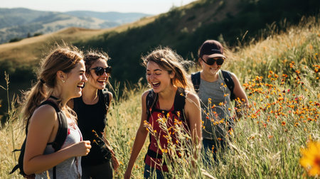 Group of friends having fun while hiking in nature. Group of young people having fun outdoors.の素材