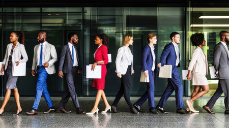 Group of business people walking in modern office. Multiethnic group of business people walking in the city.の素材