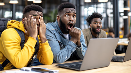 frustrated african american students looking at laptop in classroomの素材
