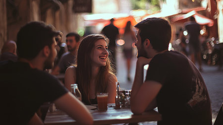 Young couple having a date in a cafe on the streets of Romeの素材