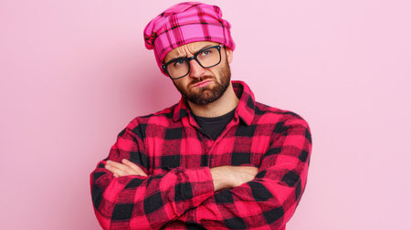 Portrait of a bearded hipster with folded arms on a pink backgroundの素材