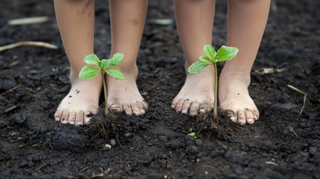 Little boy and girl planting trees in the garden. Earth day concept.の素材