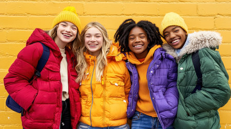group of smiling african american women in winter jackets on yellow backgroundの素材