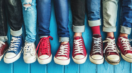 Group of friends sitting on blue wooden floor and wearing red sneakers.の素材