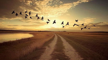 Flock of birds flying over the lake at sunset. Nature composition.の素材
