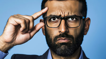 Portrait of a bearded man in glasses on a blue background.の素材