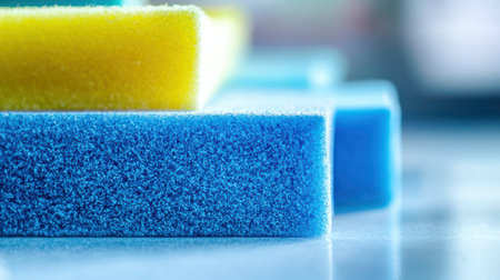 Close-up of sponges for washing dishes. House cleaning concept.の素材