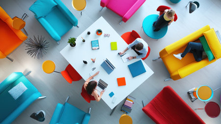 Top view of business people sitting at table in office and working togetherの素材