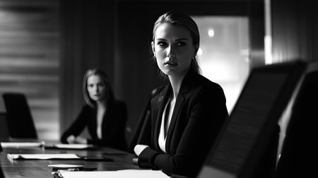 Young businesswoman sitting at desk in office, looking at camera.の素材