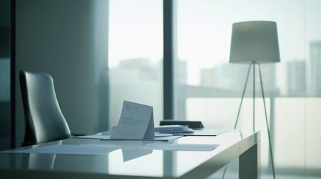 Office table with papers and laptop in the foreground. Blurred backgroundの素材