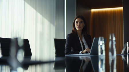 Businesswoman working on laptop computer in meeting room at modern office.の素材