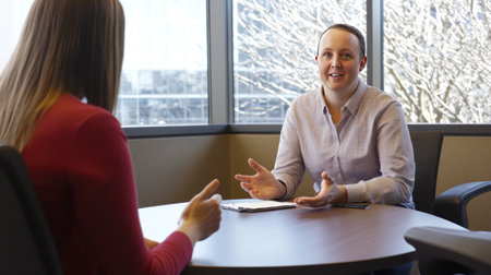 Two young businesswomen having a meeting in the office. They are sitting at the table and talking.の素材