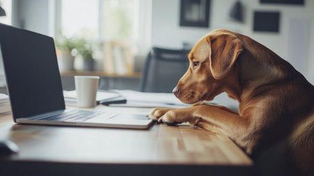 Cute labrador retriever dog lying on a wooden table in front of a laptopの素材