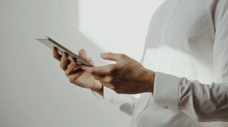 Businessman using digital tablet. Close up of male hands using digital tablet.の素材