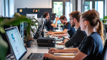 startup business team on meeting in modern bright office interior brainstorming, working on laptopの素材