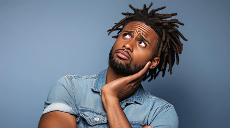 Portrait of a pensive african american man with dreadlocks looking away isolated over blue backgroundの素材