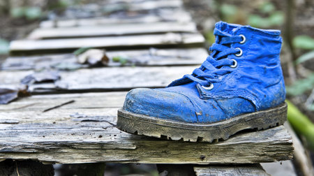Blue shoes on a wooden footpath in the forest. Selective focus.の素材