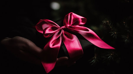 Hand holding a gift box with a red bow on a dark backgroundの素材