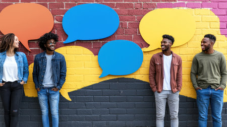 Group of multiethnic friends with speech bubbles on brick wall backgroundの素材