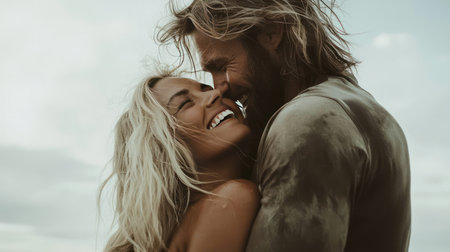 young couple of pretty woman or girl with long blonde hair and handsome bearded man with muscular torso and bare chest embracing outdoor on cloudy sky backgroundの素材