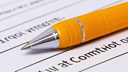 Close-up of a ballpoint pen on a contract form.の素材