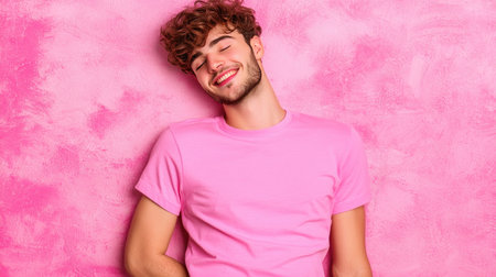Portrait of a cheerful young man laughing and looking at camera on pink backgroundの素材