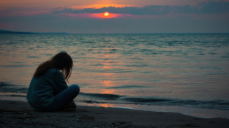 Young woman sitting on the beach and looking at the sunset on the seaの素材