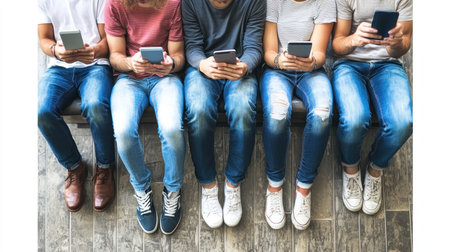 Group of young people using mobile smart phone sitting on wooden floor.の素材