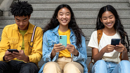 group of happy asian teenagers with smartphones sitting on stairs in cityの素材