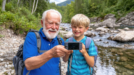 Grandfather and grandson taking a photo of themselves while hiking in the mountainsの素材