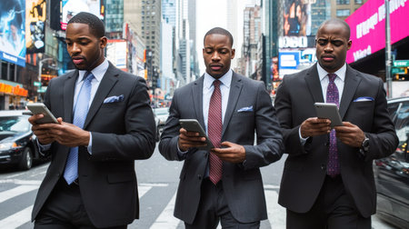 Businessman using mobile phone in Times Square, New York City, USAの素材