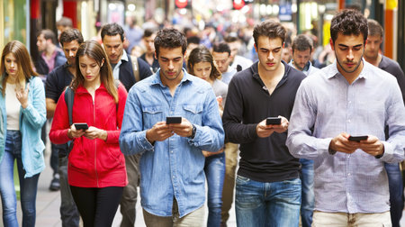 Group of young people using mobile phones in a busy city street.の素材