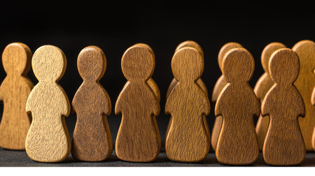 Wooden figures of people on a black background. The concept of teamwork and cooperation.の素材