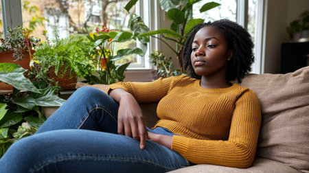 Young african american woman sitting on sofa in living room at homeの素材