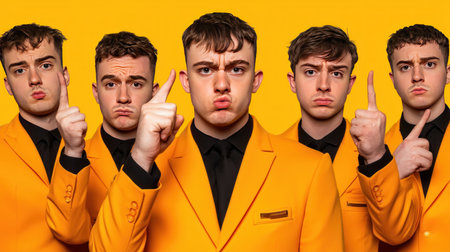 Group of young men in yellow suits posing isolated over yellow studio background.の素材